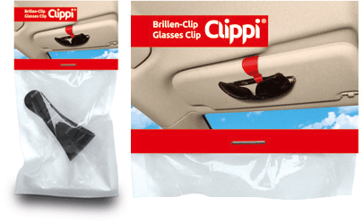 Packaging of the Clippi Car Glasses Holder